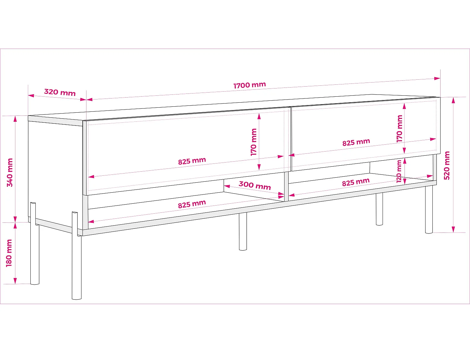Meuble TV 170 cm Cachemire, pieds droits noirs, LED blanche, 170 x 32 x 52 cm