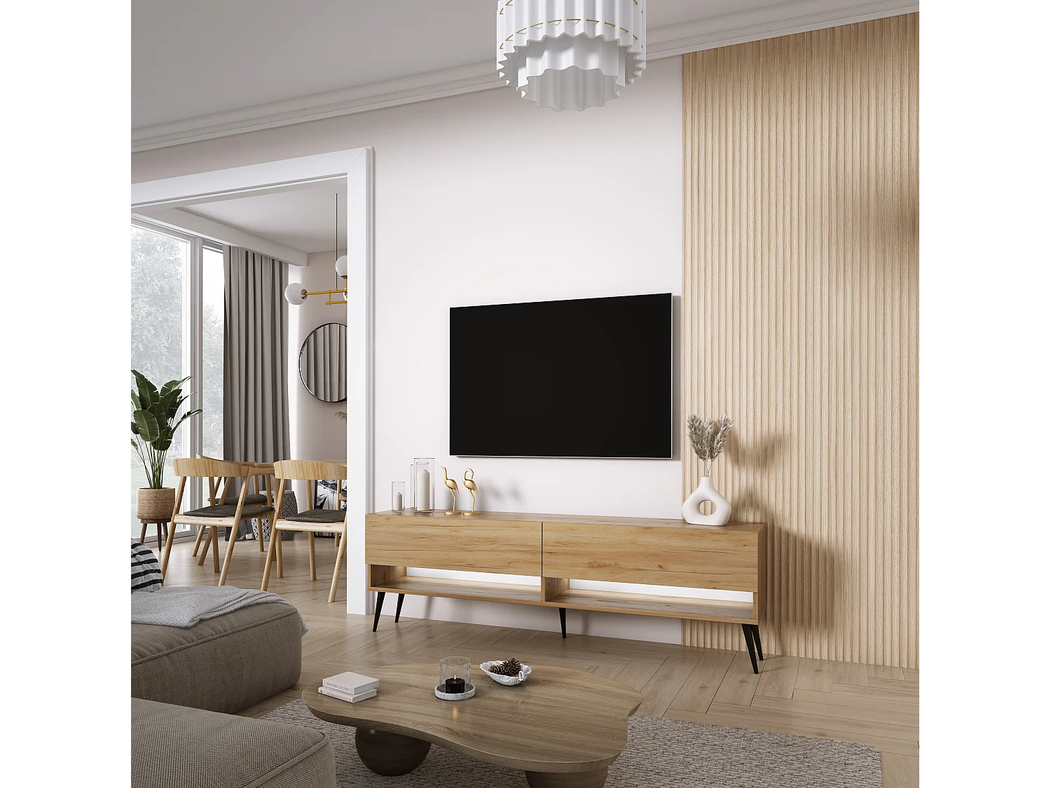 Meuble TV 170 cm Chêne Craft, pieds obliques noirs, LED blanche, 170 x 32 x 52 cm