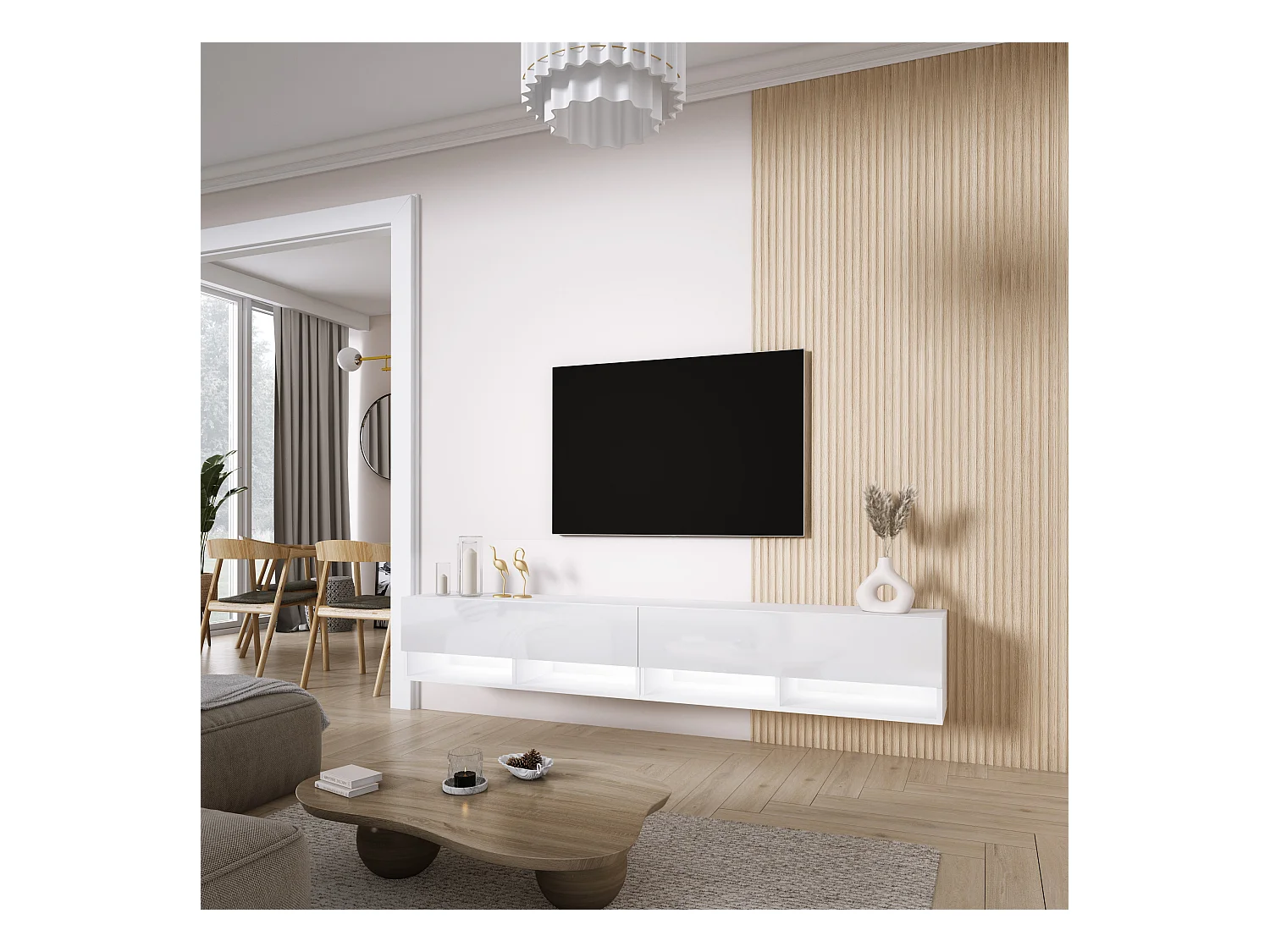 Meuble TV 200 (2 x 100) cm Blanc Mat / Blanc Brillant, LED blanc, 200 x 32 x 52 cm