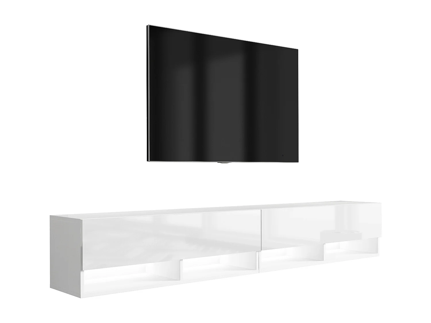 Meuble TV 200 (2 x 100) cm Blanc Mat / Blanc Brillant, LED blanc, 200 x 32 x 52 cm