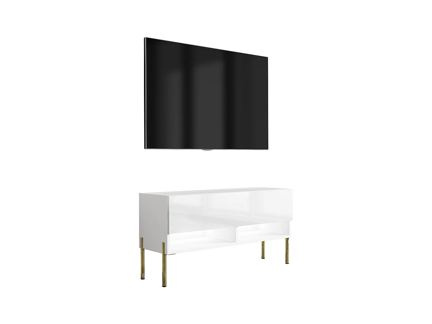 Meuble TV 100 cm Blanc Mat / Blanc Brillant, pieds droits dorés, LED blanche, 100 x 32 x 52 cm