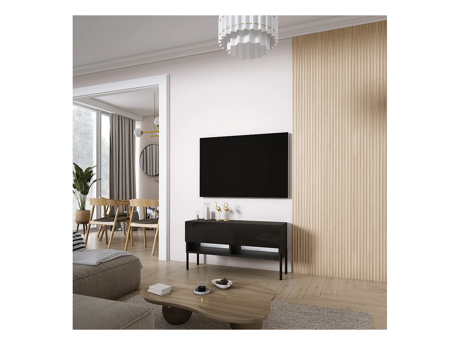 TV-Lowboard 100 cm Mattschwarz / Hochglanzschwarz, gerade schwarze Beine, weiße LED, 100 × 32 × 52 cm