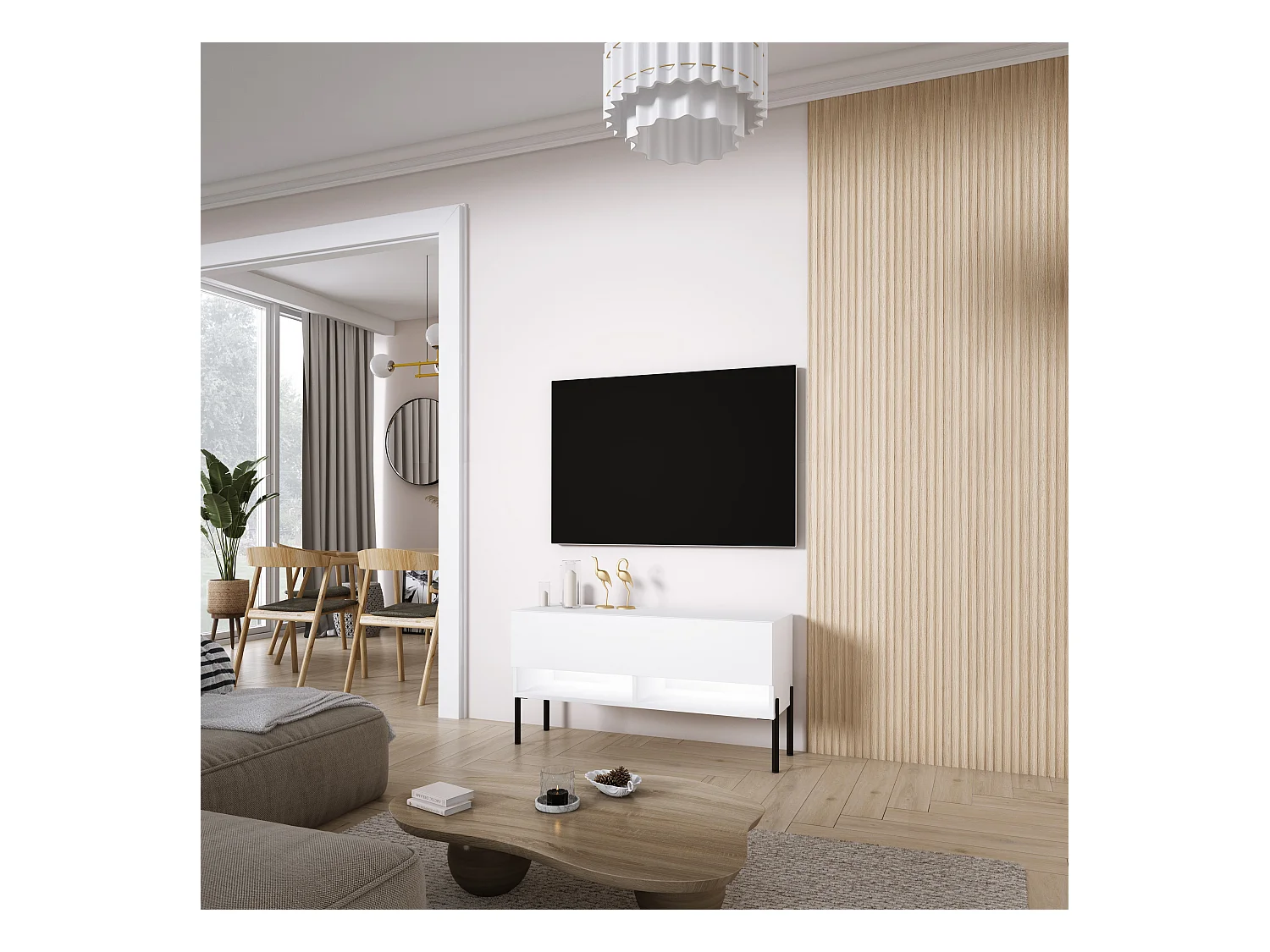 Meuble TV 100 cm Blanc Mat, pieds droits noirs, LED blanche, 100 x 32 x 52 cm