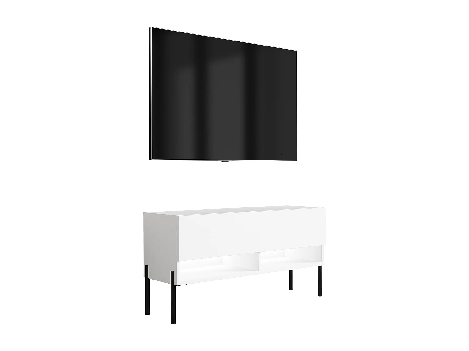 Meuble TV 100 cm Blanc Mat, pieds droits noirs, LED blanche, 100 x 32 x 52 cm