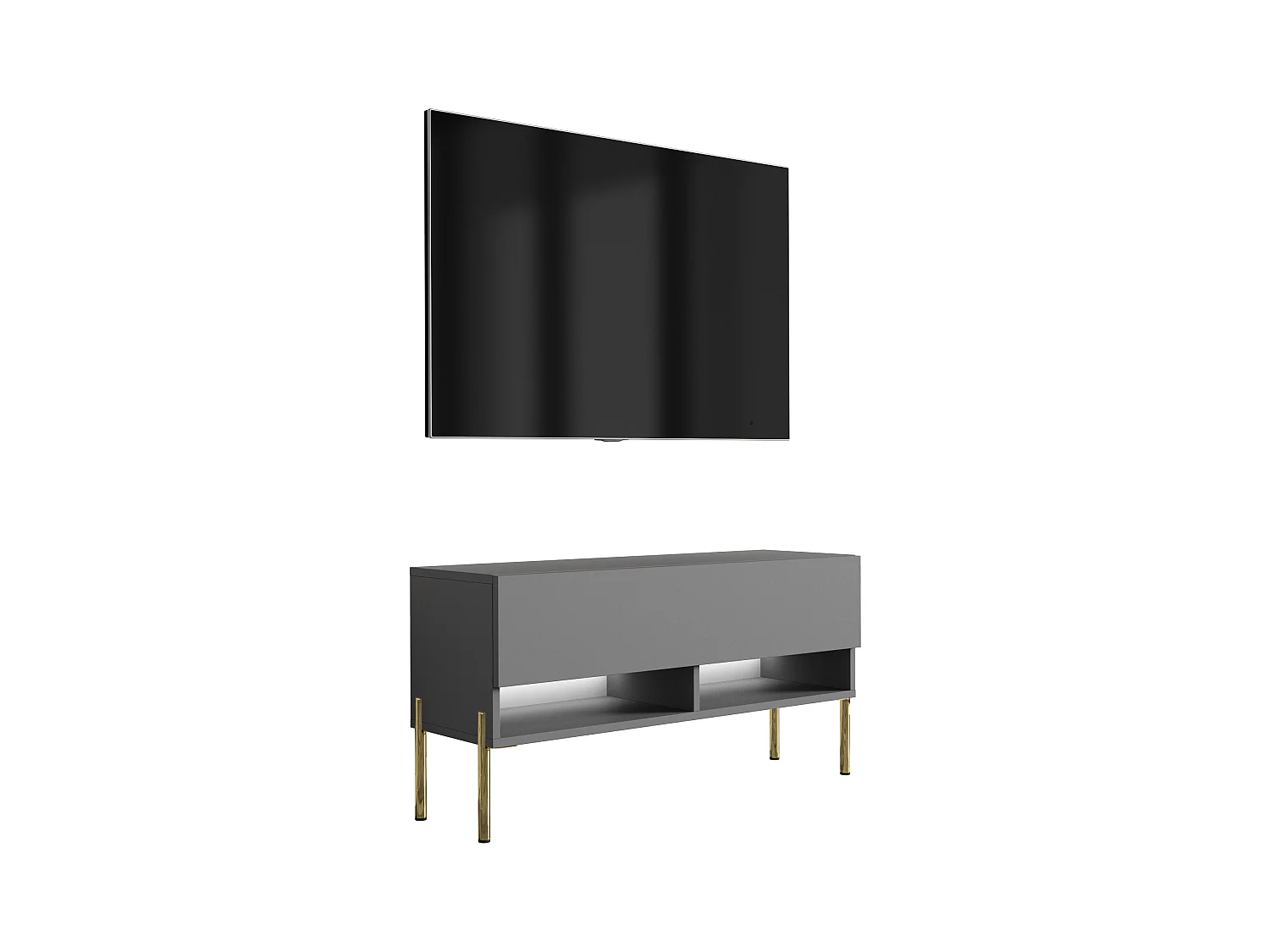 Meuble TV 100 cm Anthracite, pieds droits dorés, 100 x 32 x 52 cm