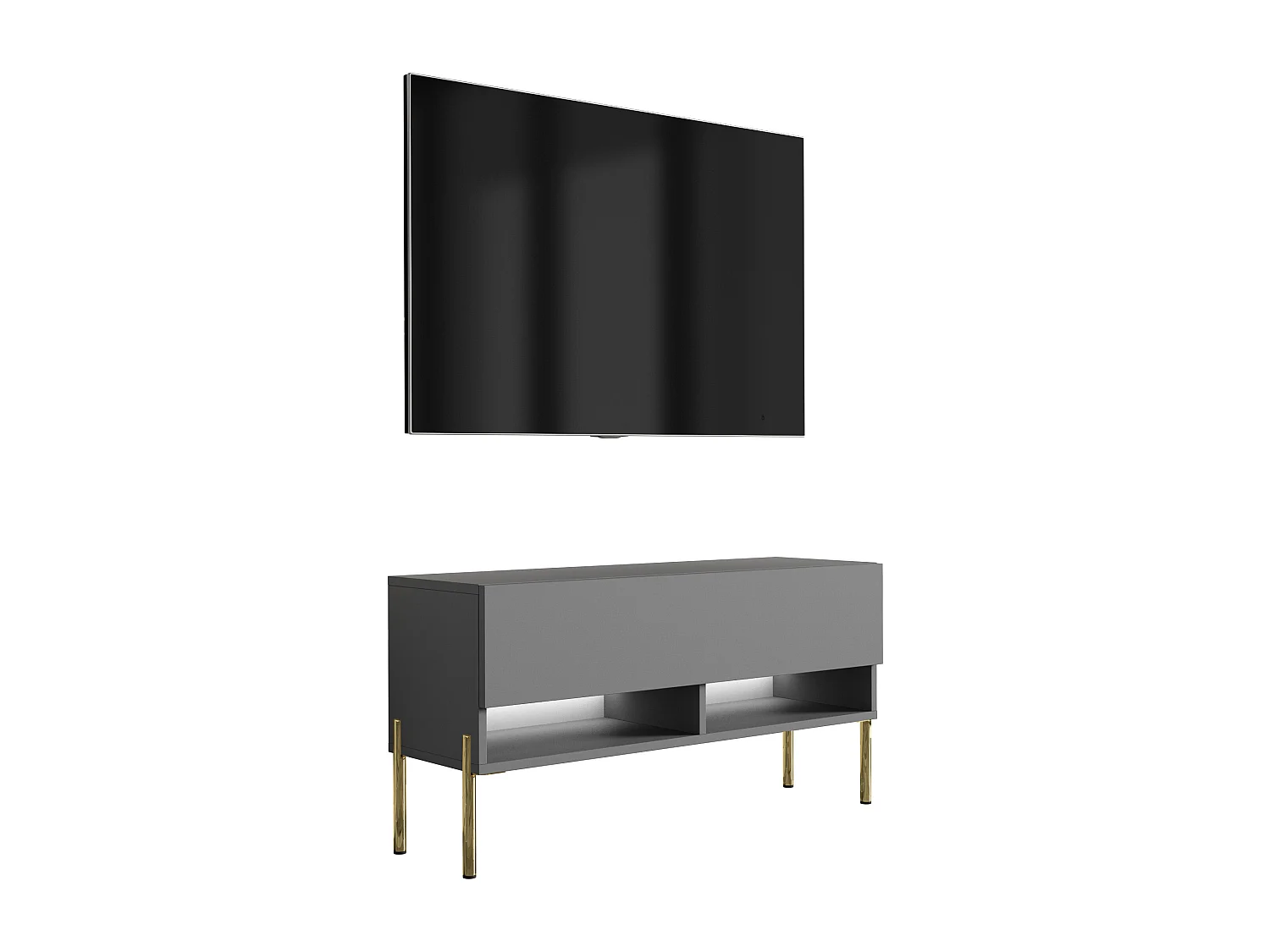 Meuble TV 100 cm Anthracite, pieds droits dorés, 100 x 32 x 52 cm