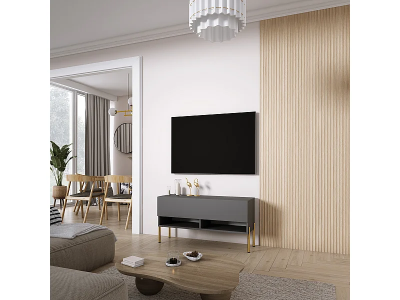 Meuble TV 100 cm Anthracite, pieds droits dorés, 100 x 32 x 52 cm