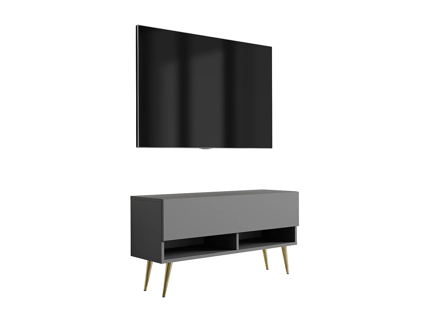 Meuble TV 100 cm Anthracite, pieds obliques dorés, 100 x 32 x 52 cm