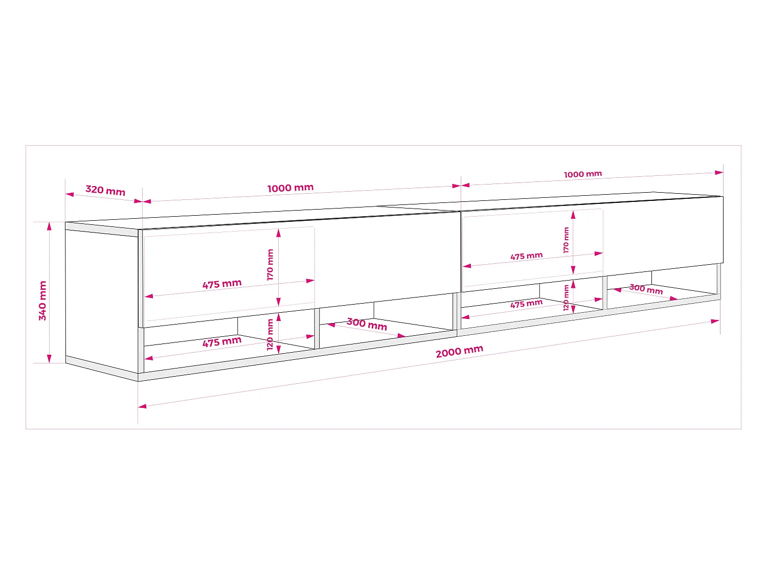 Meuble TV 200 (2 x 100) cm Cachemire, LED blanc, 200 x 32 x 52 cm