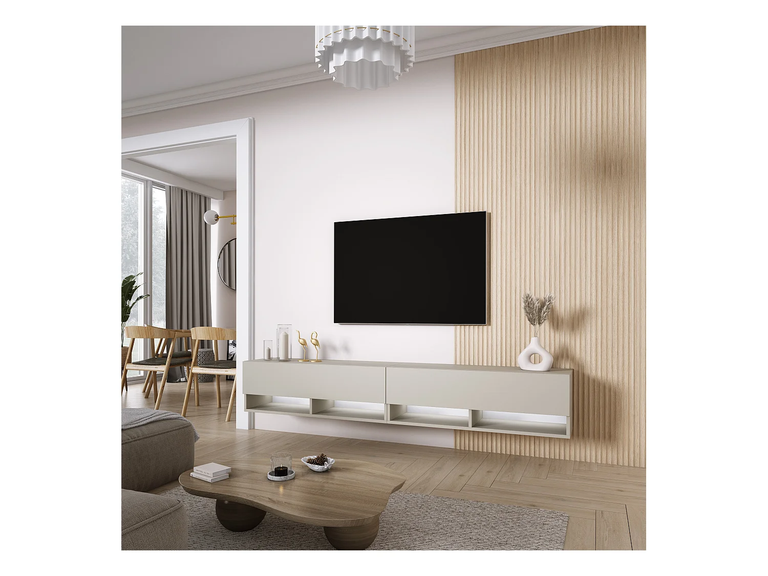 TV-Lowboard 200 (2 x 100) cm Kaschmir, LED weiß, 200 × 32 × 34 cm