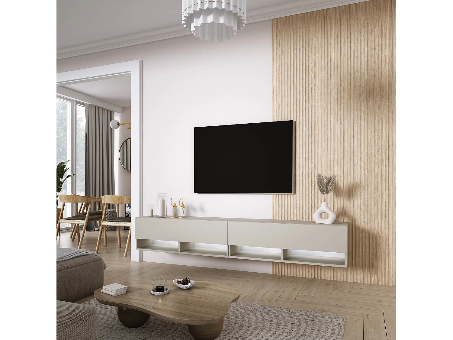 Meuble TV 200 (2 x 100) cm Cachemire, LED blanc, 200 x 32 x 52 cm
