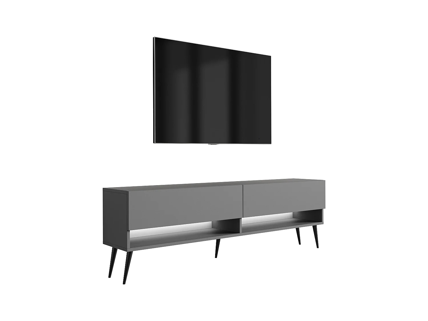 Meuble TV 170 cm Anthracite, pieds obliques noirs, LED blanche, 170 x 32 x 52 cm