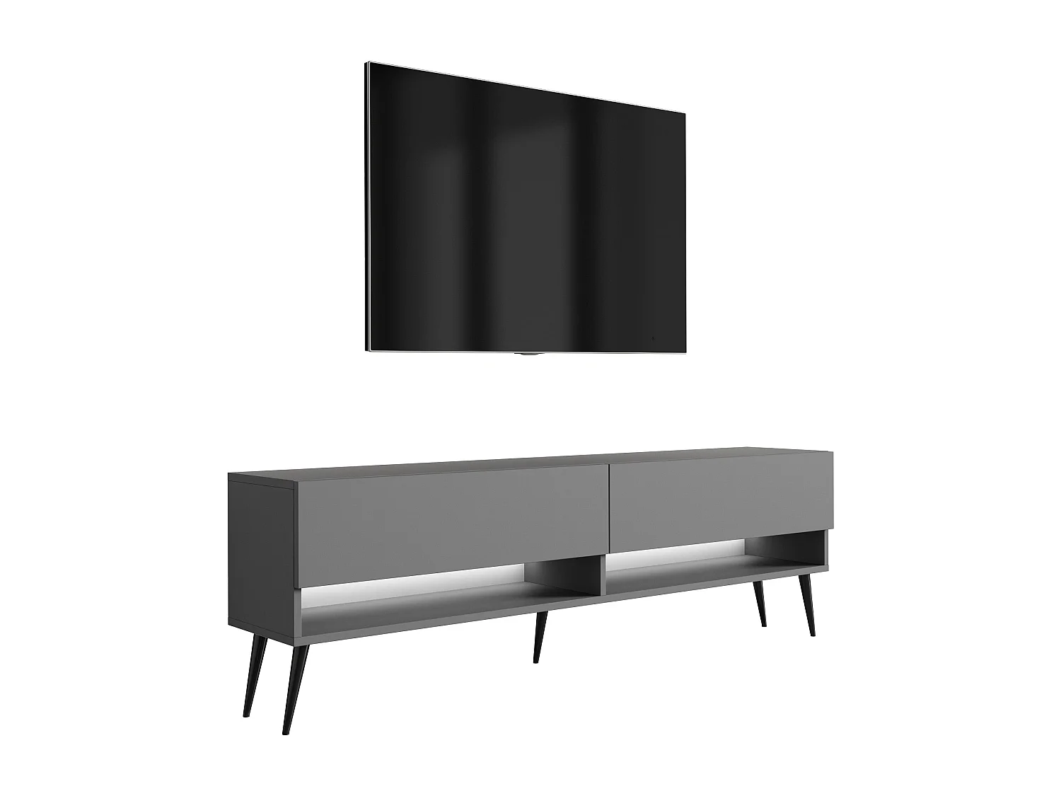 Meuble TV 170 cm Anthracite, pieds obliques noirs, LED blanche, 170 x 32 x 52 cm
