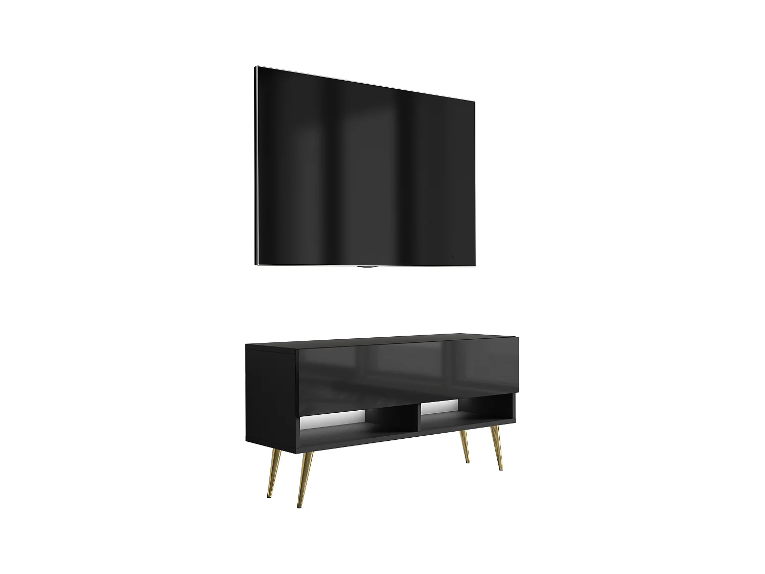 Meuble TV 100 cm Noir Mat / Noir Brillant, pieds obliques dorés, LED blanche, 100 x 32 x 52 cm