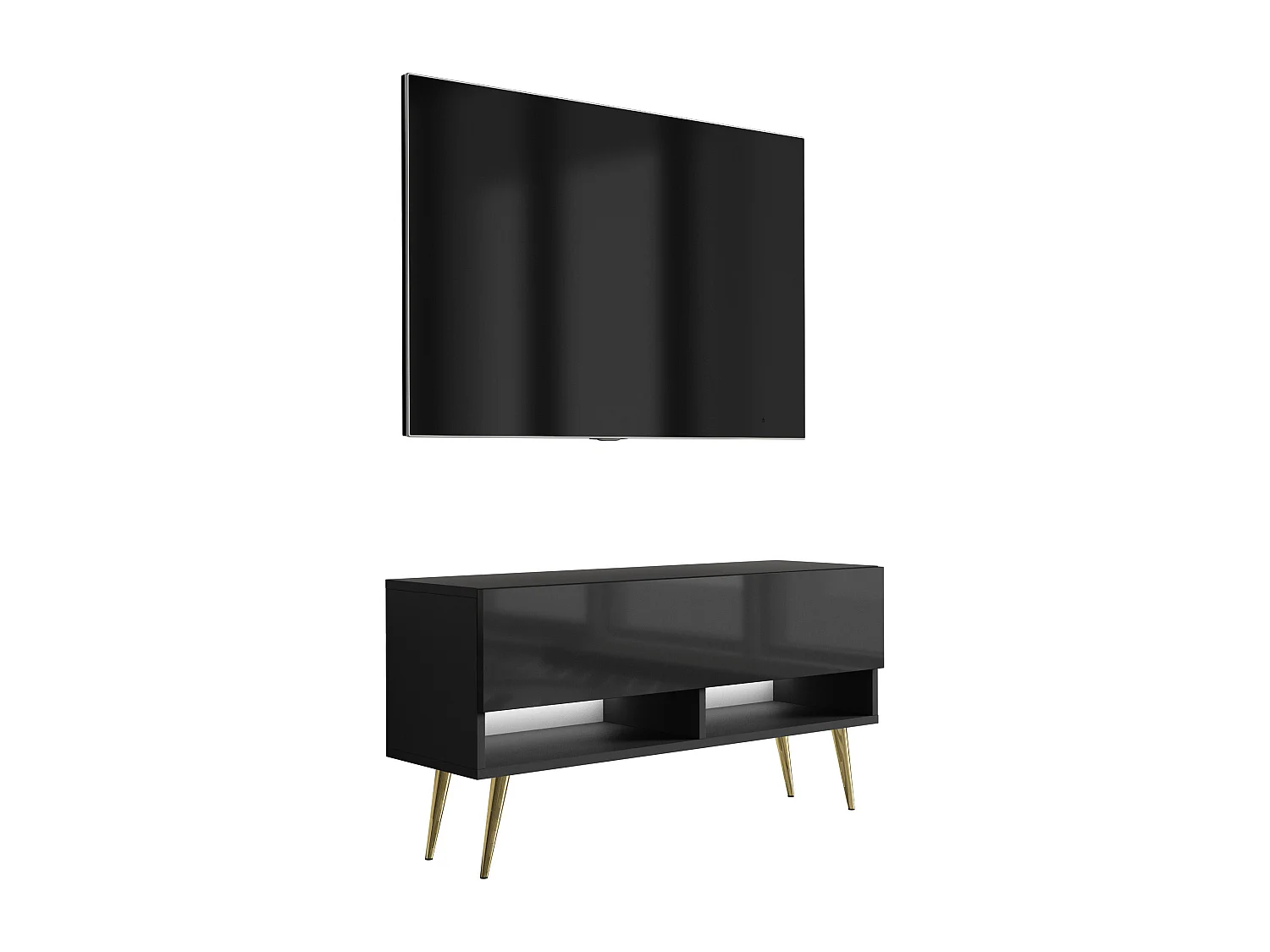 Meuble TV 100 cm Noir Mat / Noir Brillant, pieds obliques dorés, LED blanche, 100 x 32 x 52 cm