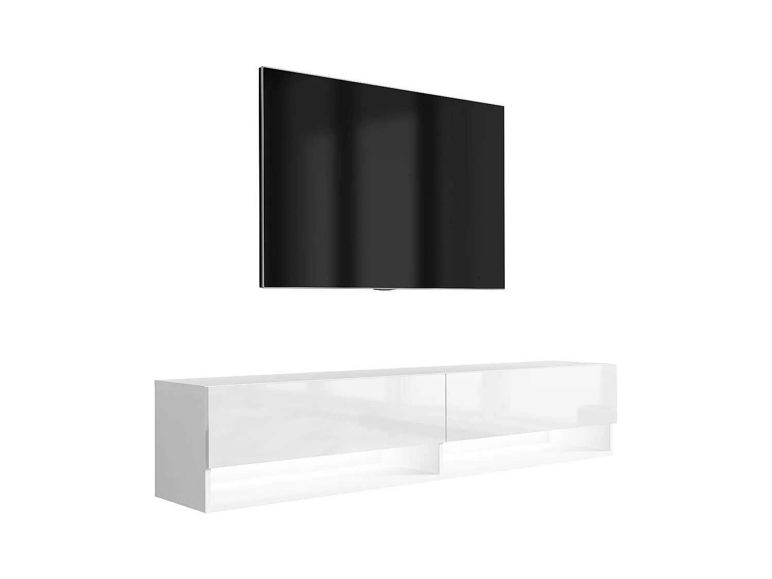 Meuble TV 170 cm Blanc Mat / Blanc Brillant, LED blanc, 170 x 32 x 34 cm