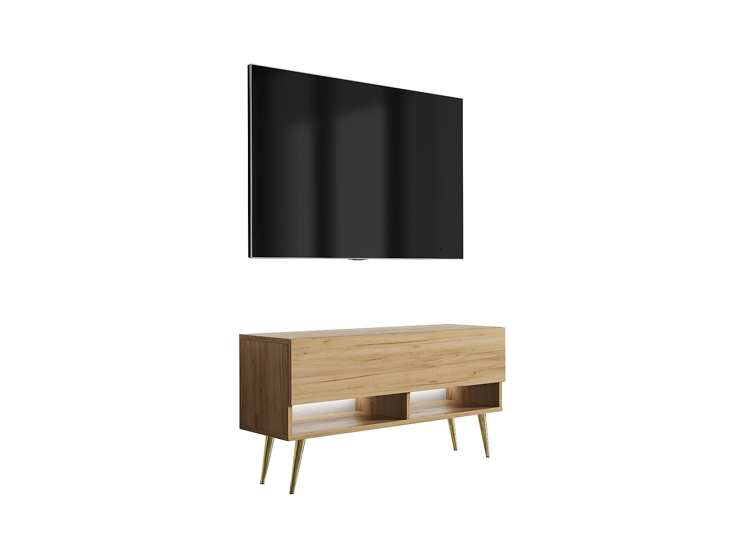 Meuble TV 100 cm Chêne Craft, pieds obliques dorés, LED blanche, 100 x 32 x 52 cm