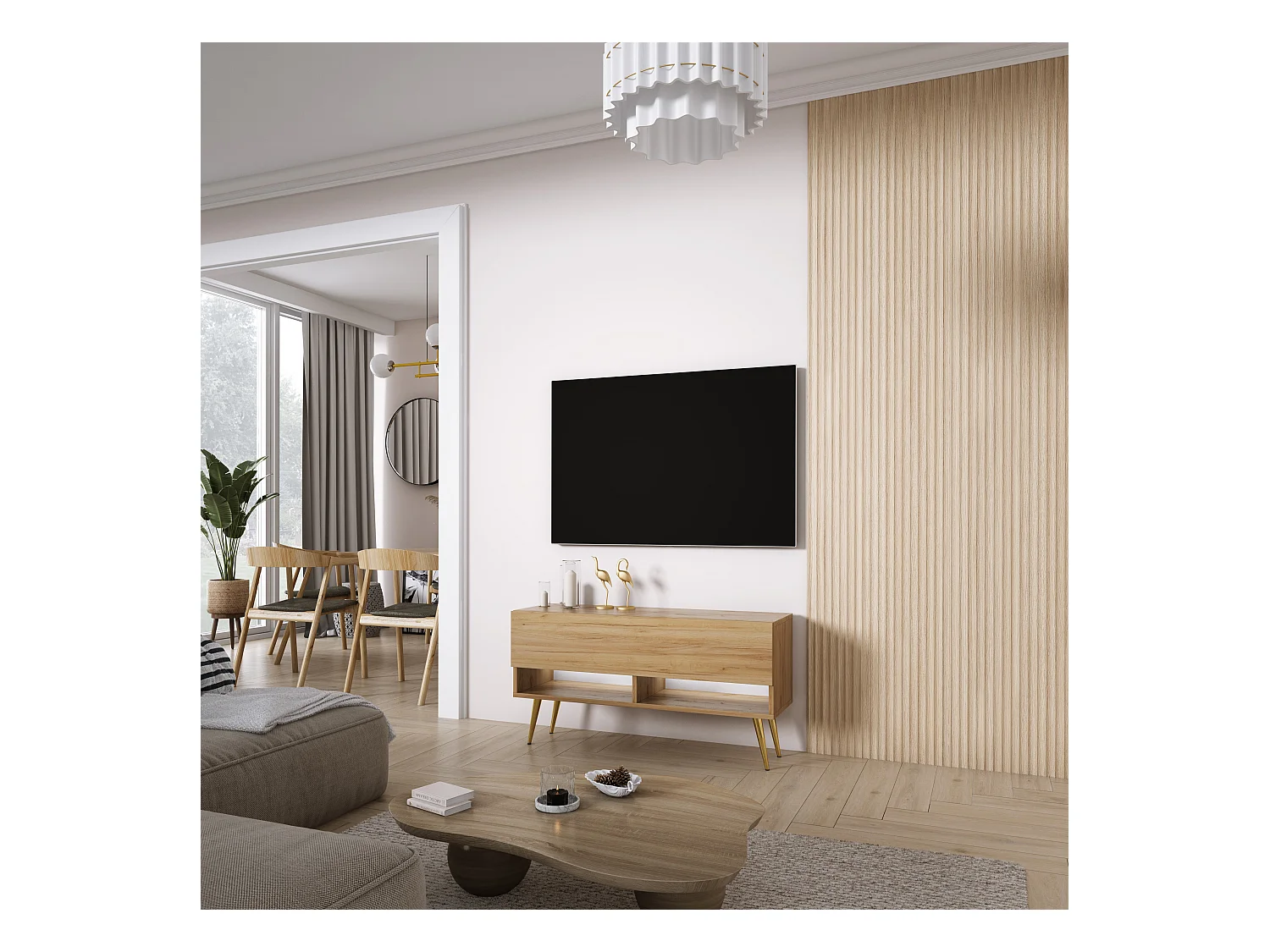 TV-Lowboard 100 cm Eiche Craft, goldene schräge Beine, weiße LED, 100 × 32 × 52 cm
