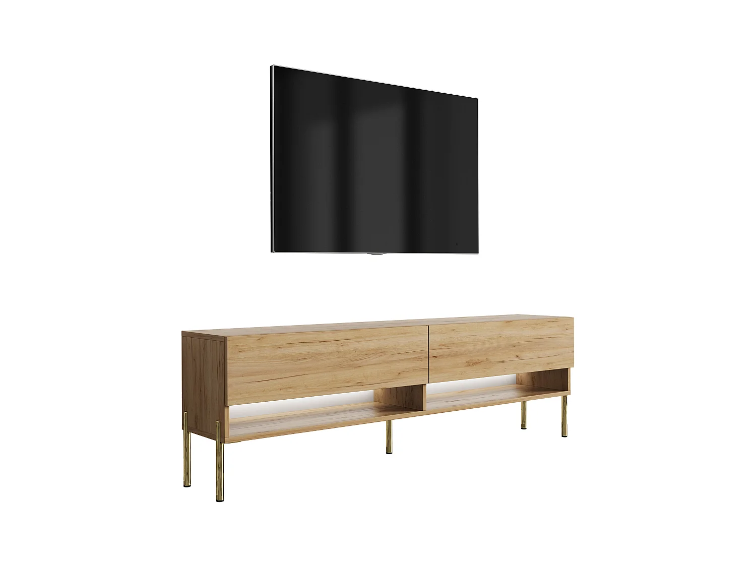 Meuble TV 170 cm Chêne Craft, pieds droits dorés, LED blanche, 170 x 32 x 52 cm