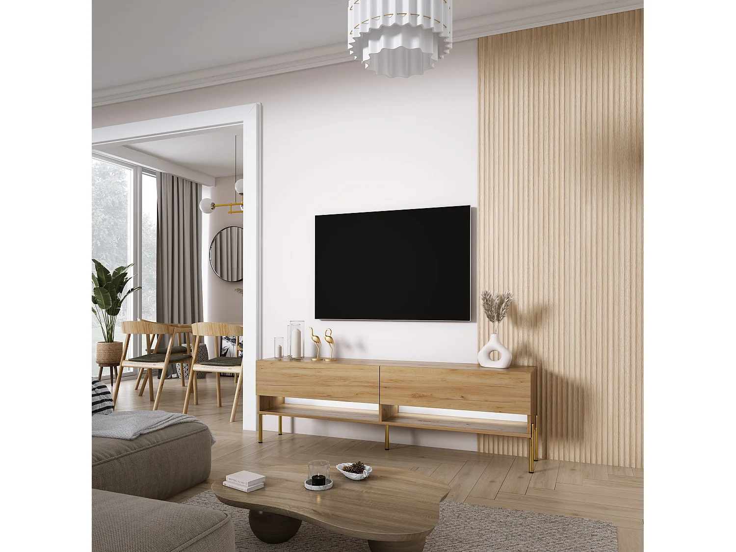 Meuble TV 170 cm Chêne Craft, pieds droits dorés, LED blanche, 170 x 32 x 52 cm