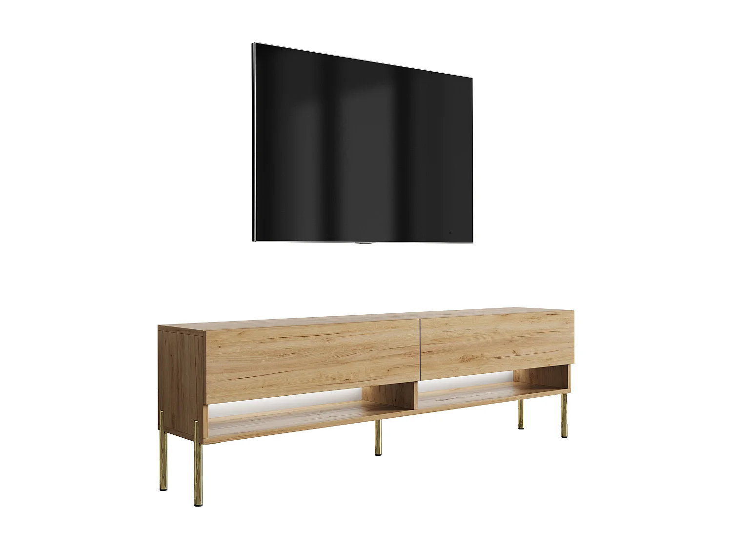 Meuble TV 170 cm Chêne Craft, pieds droits dorés, LED blanche, 170 x 32 x 52 cm