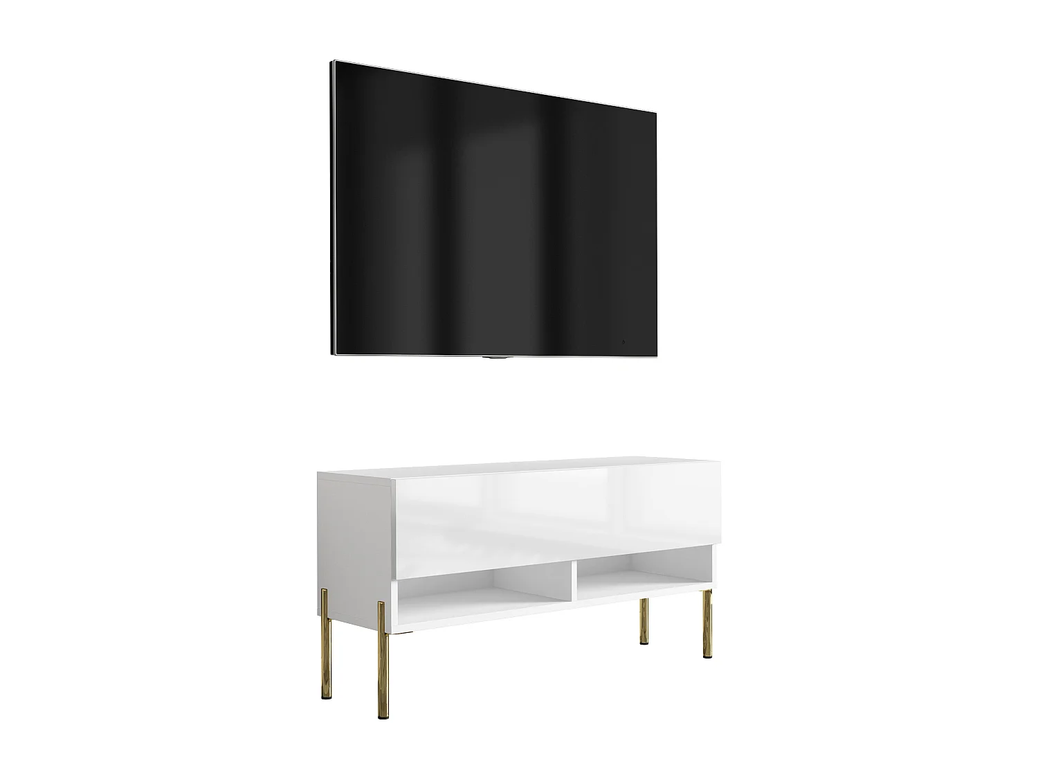 Meuble TV 100 cm Blanc Mat / Blanc Brillant, pieds droits dorés, 100 x 32 x 52 cm