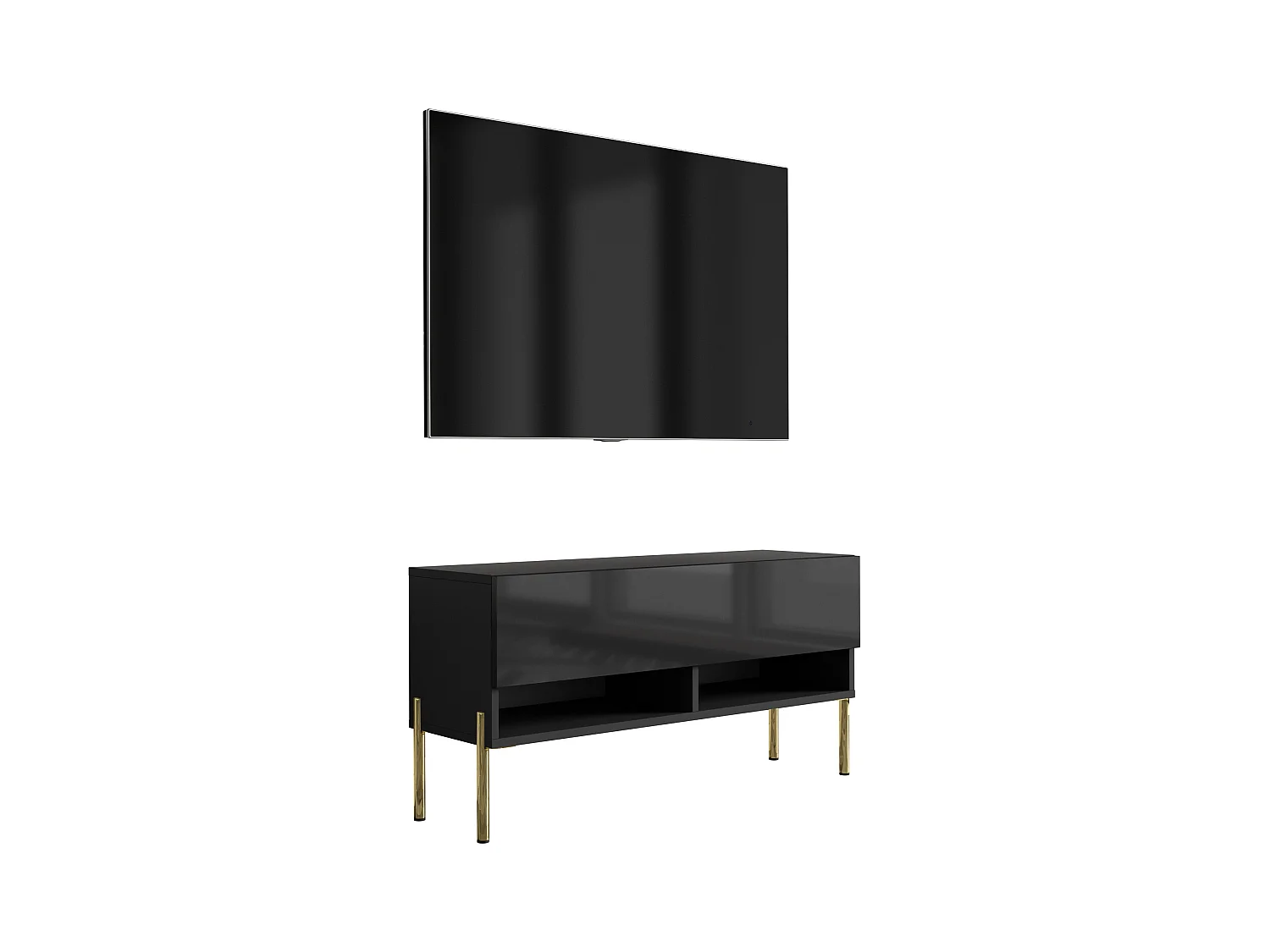 TV-Lowboard 100 cm Mattschwarz / Hochglanzschwarz, gerade goldene Beine, 100 × 32 × 52 cm
