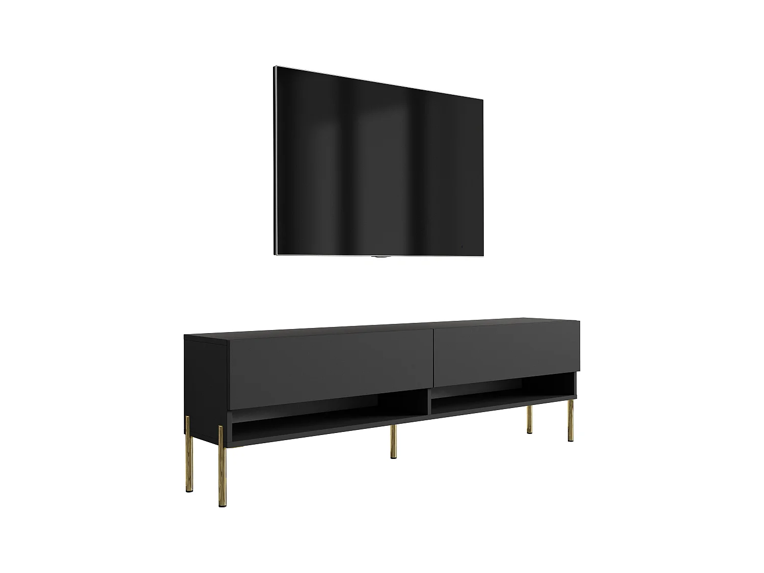 Meuble TV 170 cm Noir Mat, pieds droits dorés, 170 x 32 x 52 cm