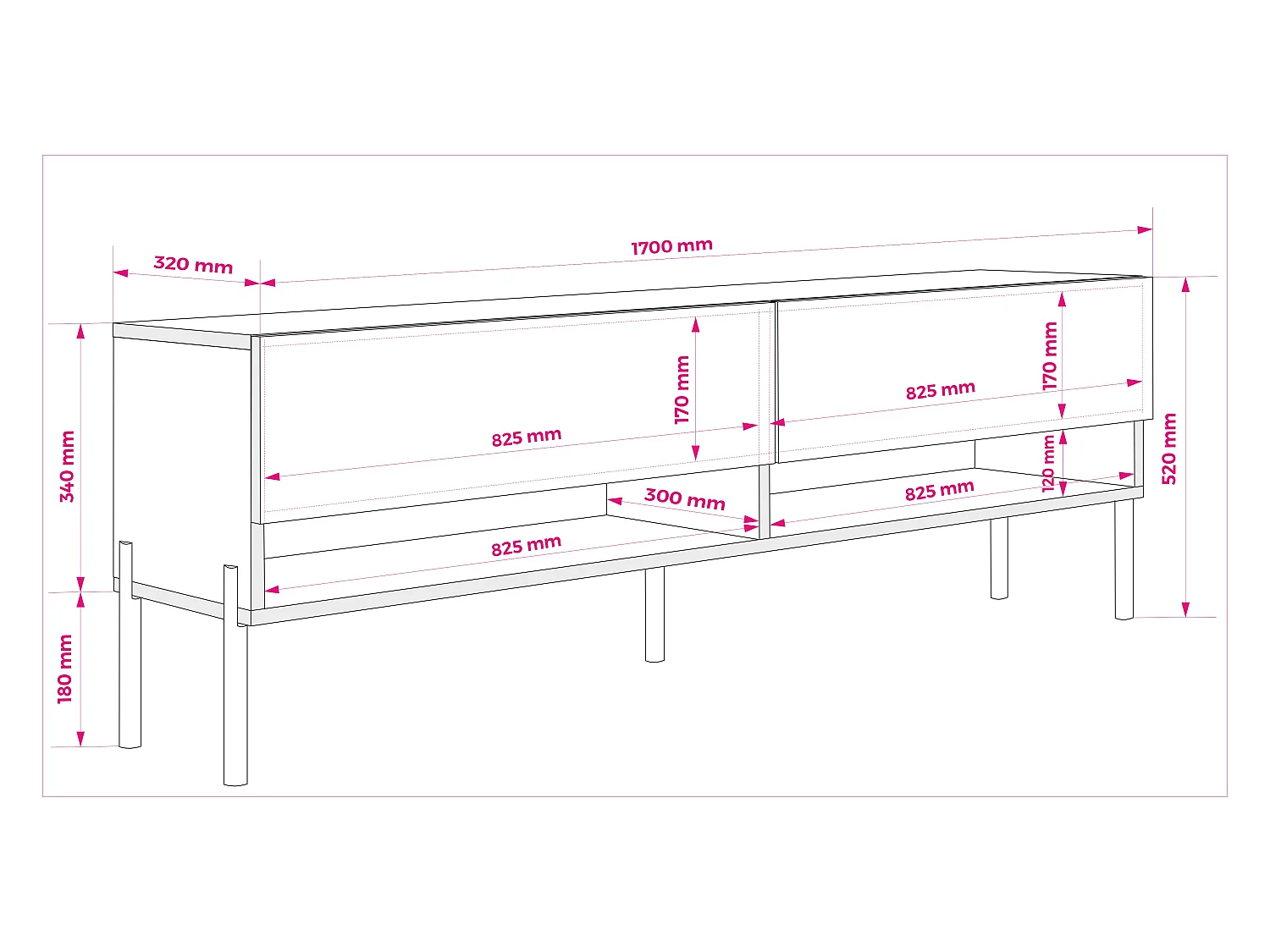 Meuble TV 170 cm Noir Mat, pieds droits dorés, 170 x 32 x 52 cm