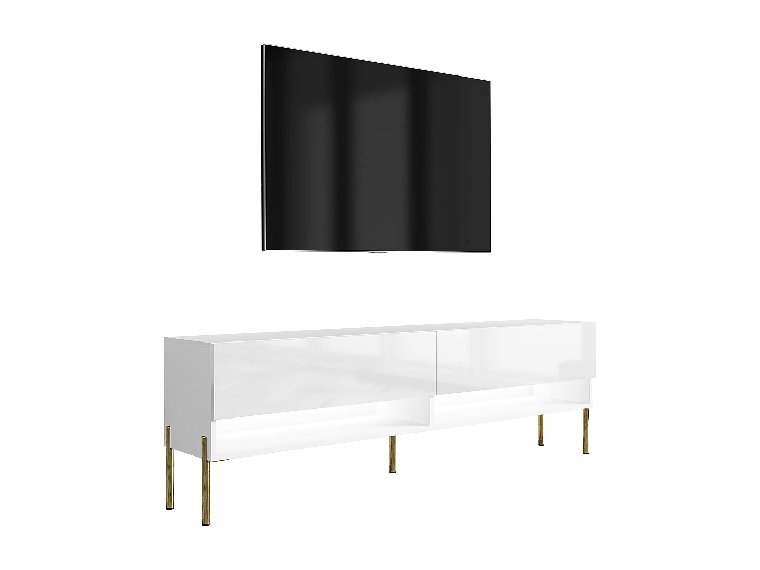 Meuble TV 170 cm Blanc Mat / Blanc Brillant, pieds droits dorés, LED blanche, 170 x 32 x 52 cm