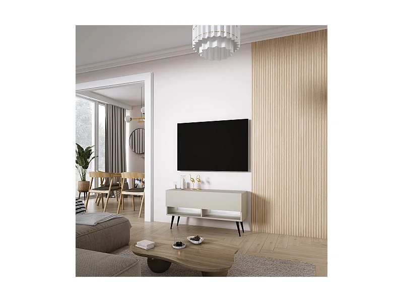 Meuble TV 100 cm Cachemire, pieds obliques noirs, LED blanche, 100 x 32 x 52 cm