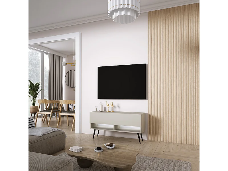Meuble TV 100 cm Cachemire, pieds obliques noirs, LED blanche, 100 x 32 x 52 cm