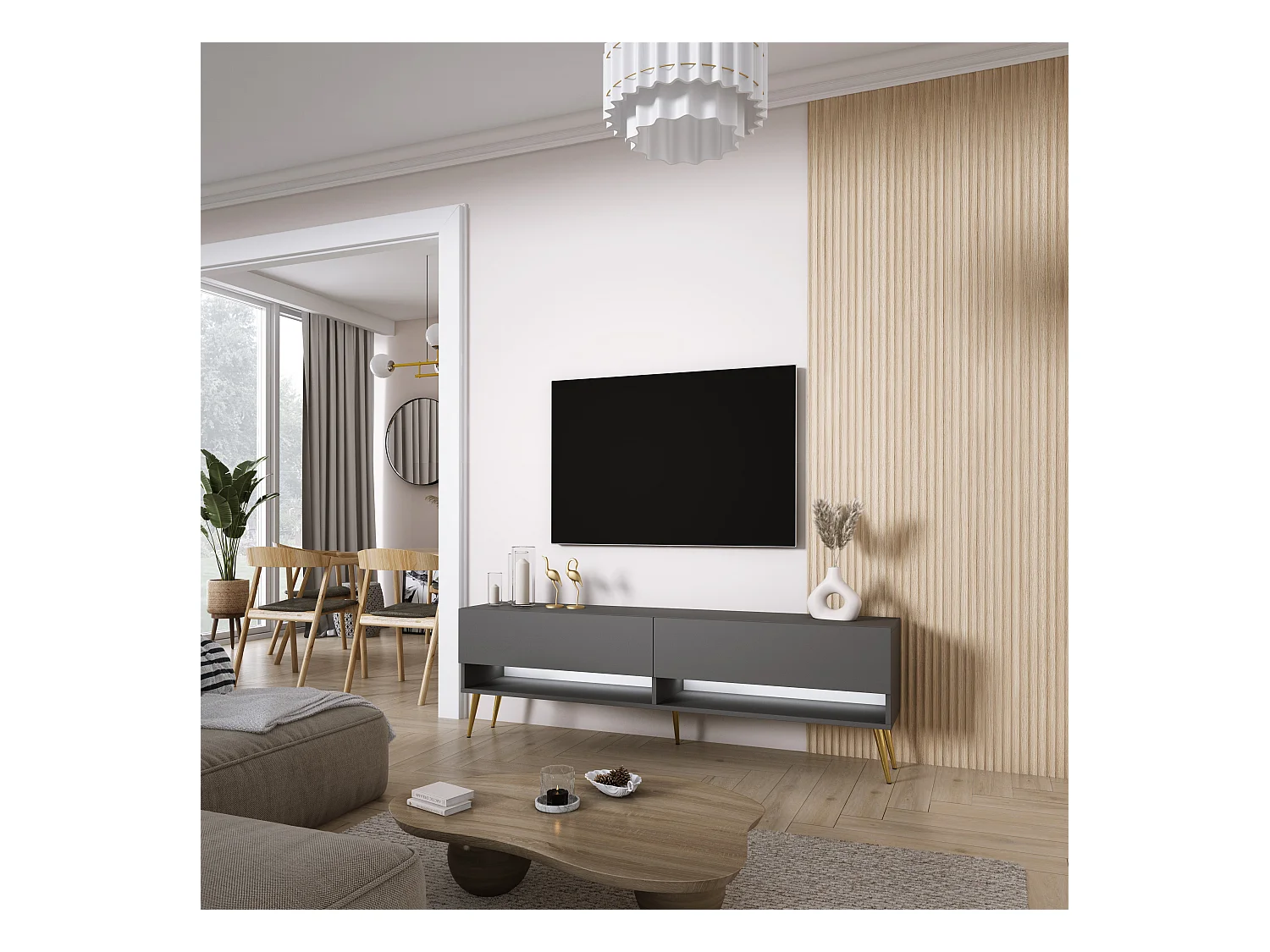 Meuble TV 170 cm Anthracite, pieds obliques dorés, LED blanche, 170 x 32 x 52 cm