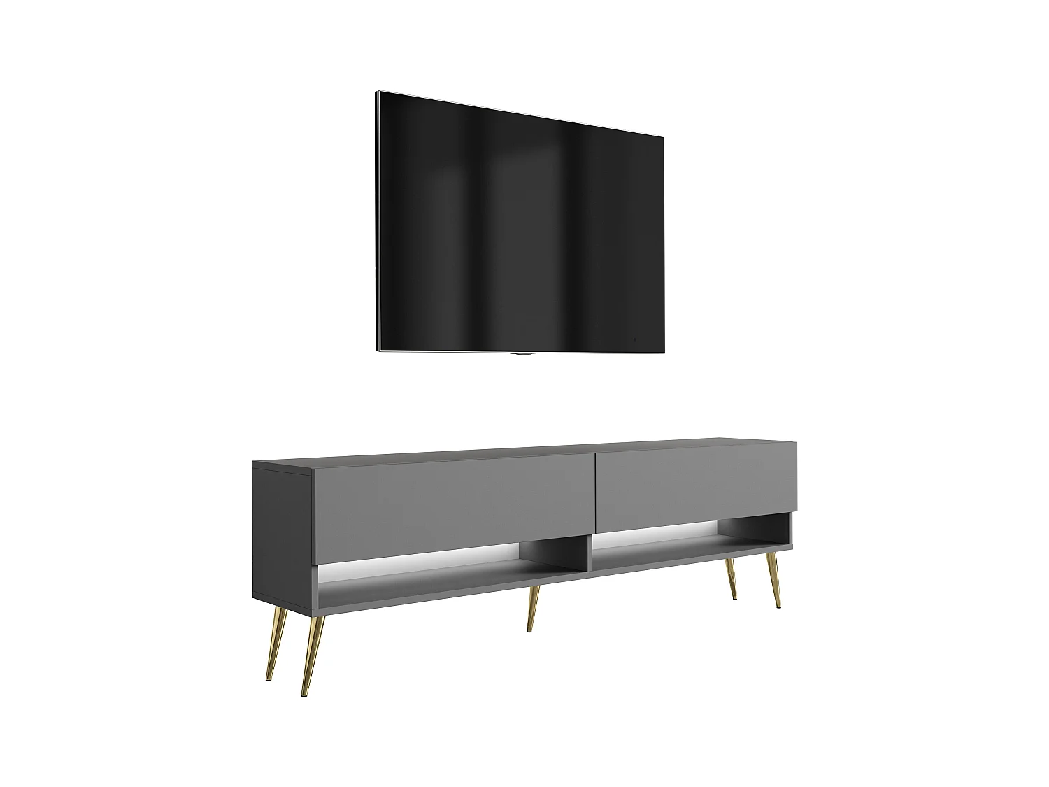 Meuble TV 170 cm Anthracite, pieds obliques dorés, LED blanche, 170 x 32 x 52 cm