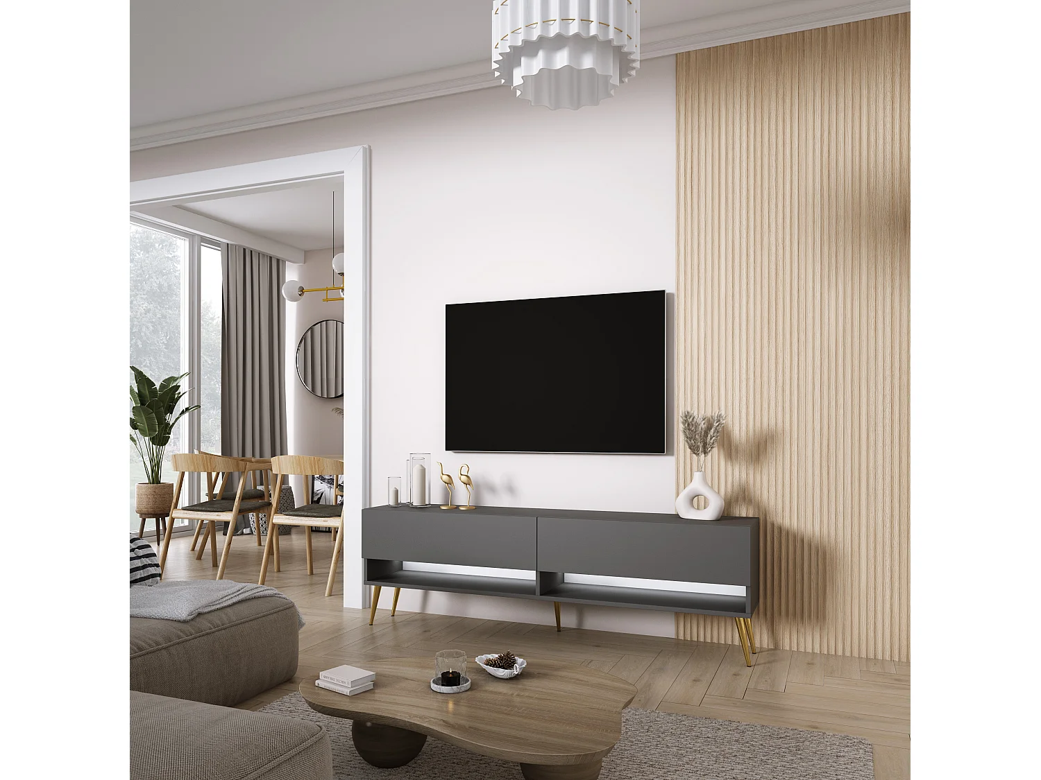 Meuble TV 170 cm Anthracite, pieds obliques dorés, LED blanche, 170 x 32 x 52 cm