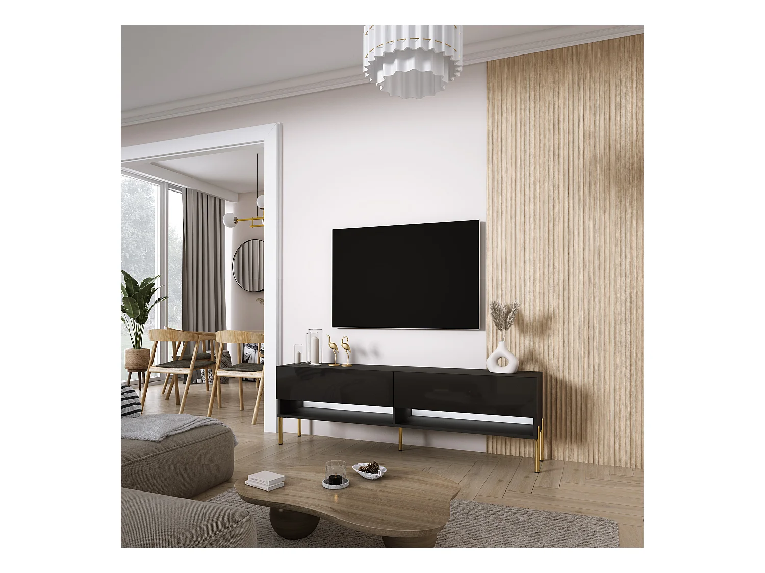 TV-Lowboard 170 cm Mattschwarz / Hochglanzschwarz, gerade goldene Beine, weiße LED, 170 × 32 × 52 cm