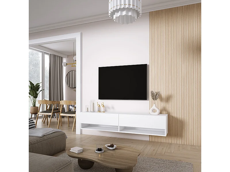 Meuble TV 170 cm Blanc Mat, 170 x 32 x 34 cm