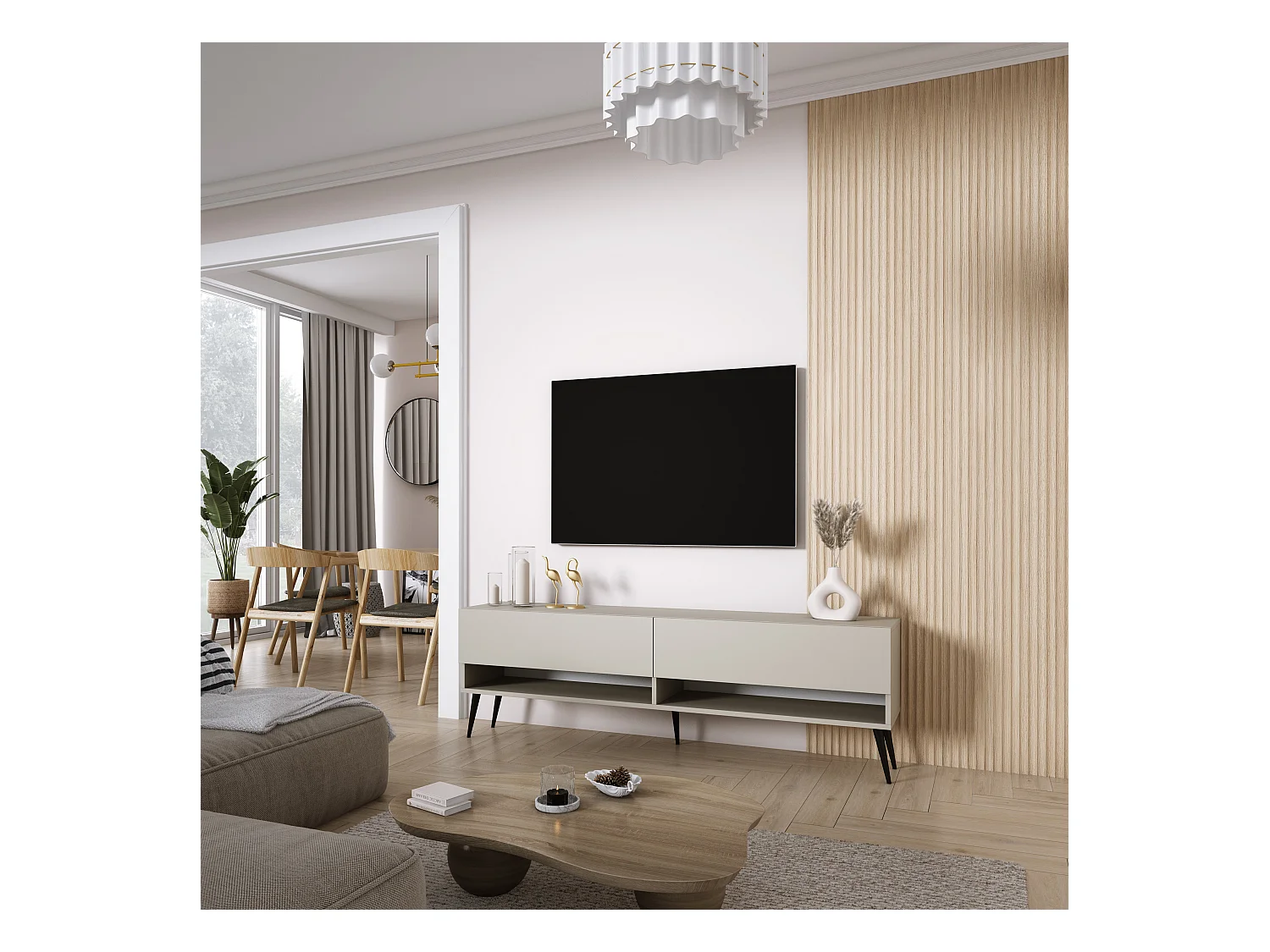 Meuble TV 170 cm Cachemire, pieds obliques noirs, 170 x 32 x 52 cm