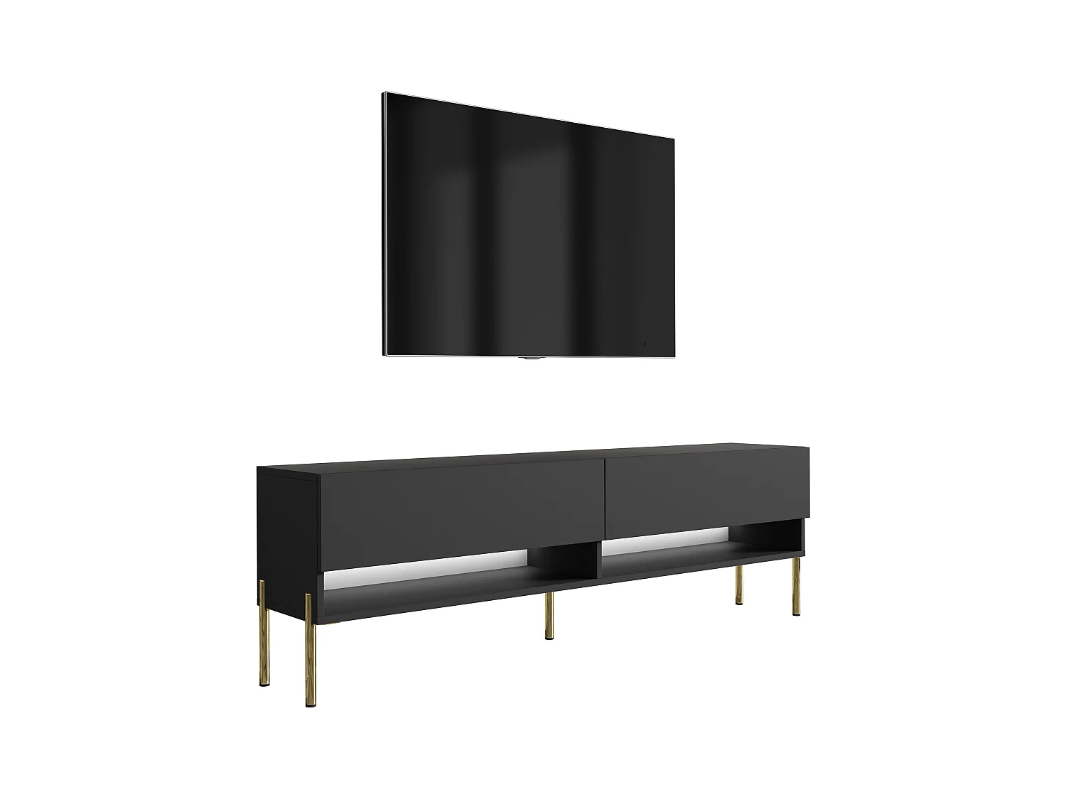 Meuble TV 170 cm Noir Mat, pieds droits dorés, LED blanche, 170 x 32 x 52 cm