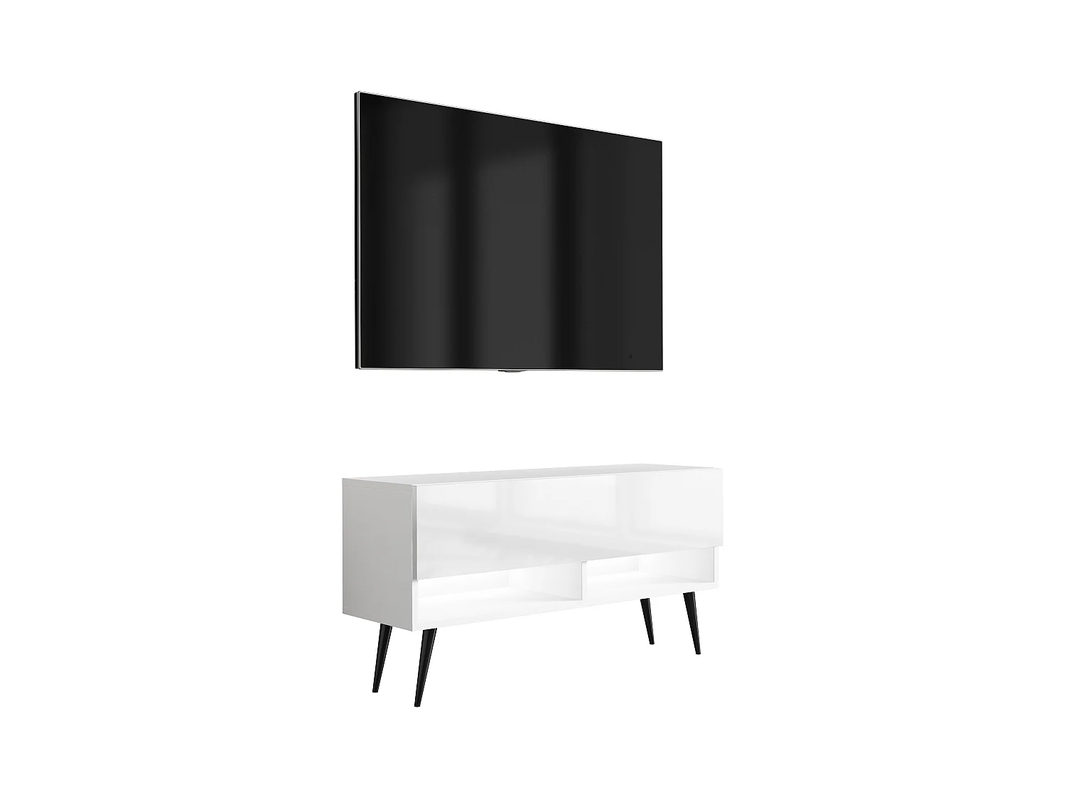 Meuble TV 100 cm Blanc Mat / Blanc Brillant, pieds obliques noirs, LED blanche, 100 x 32 x 52 cm