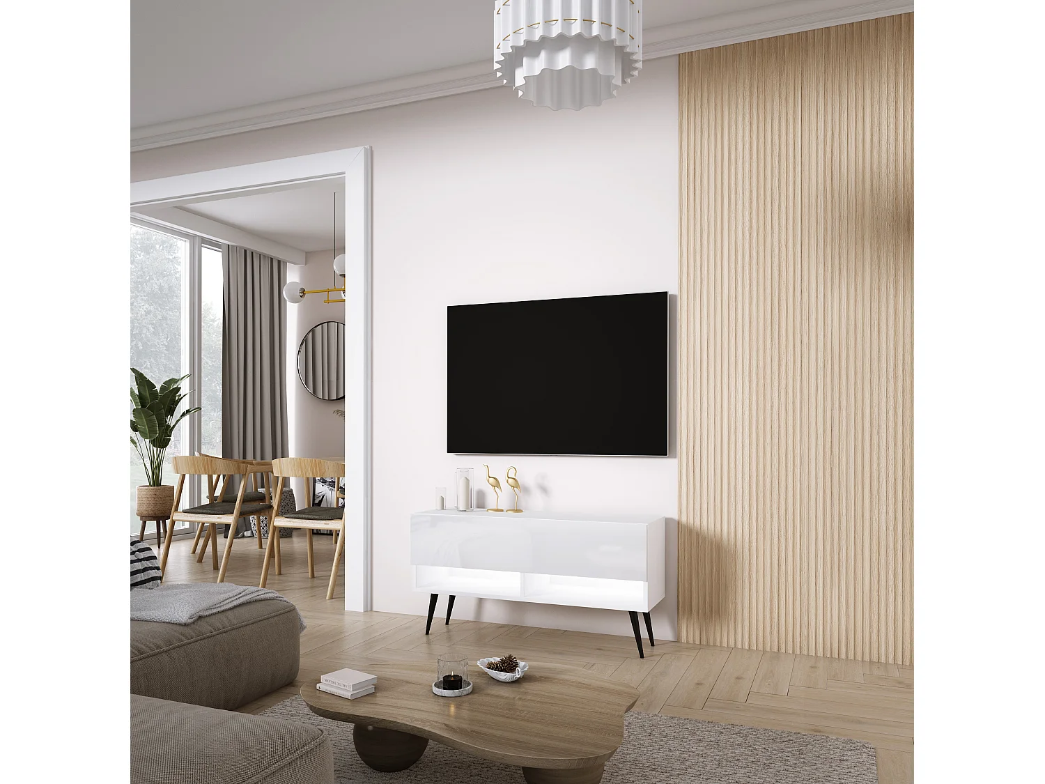 TV-skab: Mat hvid / Blank hvid, sorte skråben, hvid LED, 100 × 32 × 52 cm