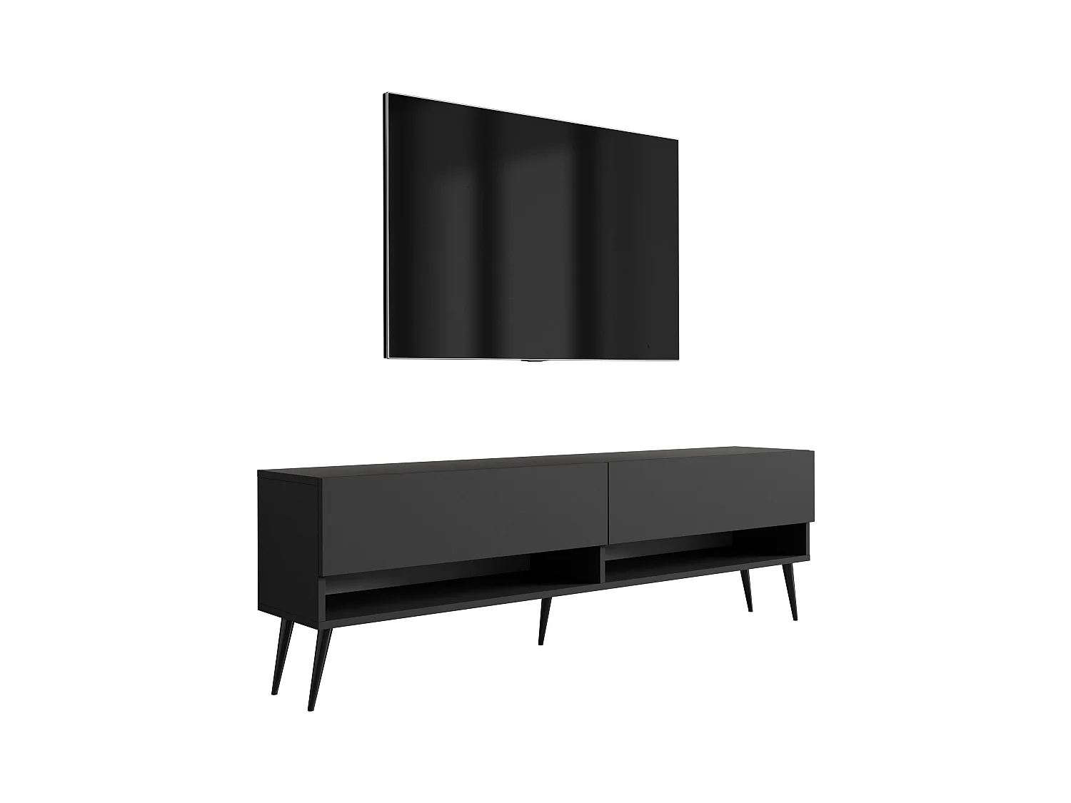 Meuble TV 170 cm Noir Mat, pieds obliques noirs, 170 x 32 x 52 cm