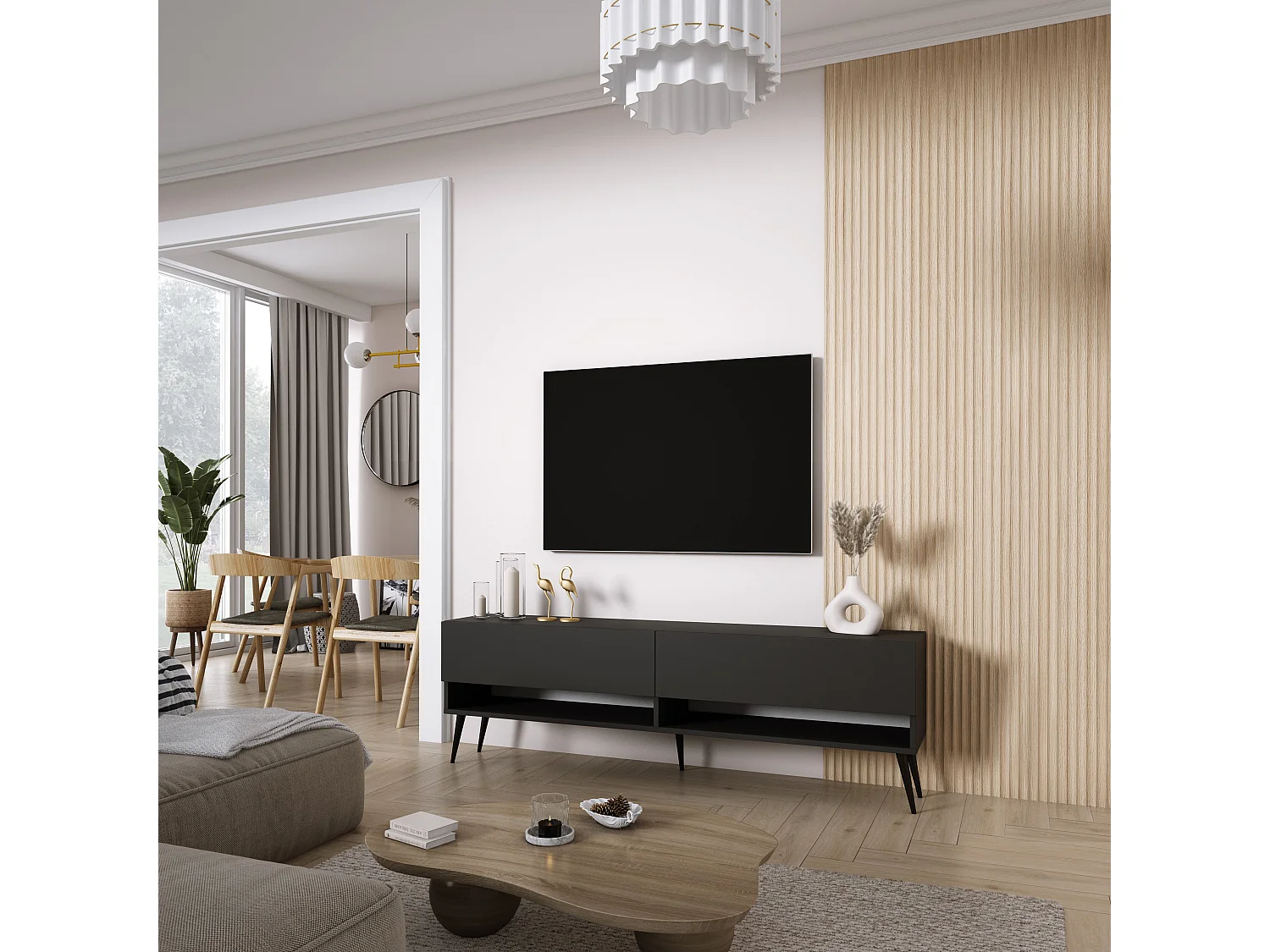 Meuble TV 170 cm Noir Mat, pieds obliques noirs, 170 x 32 x 52 cm