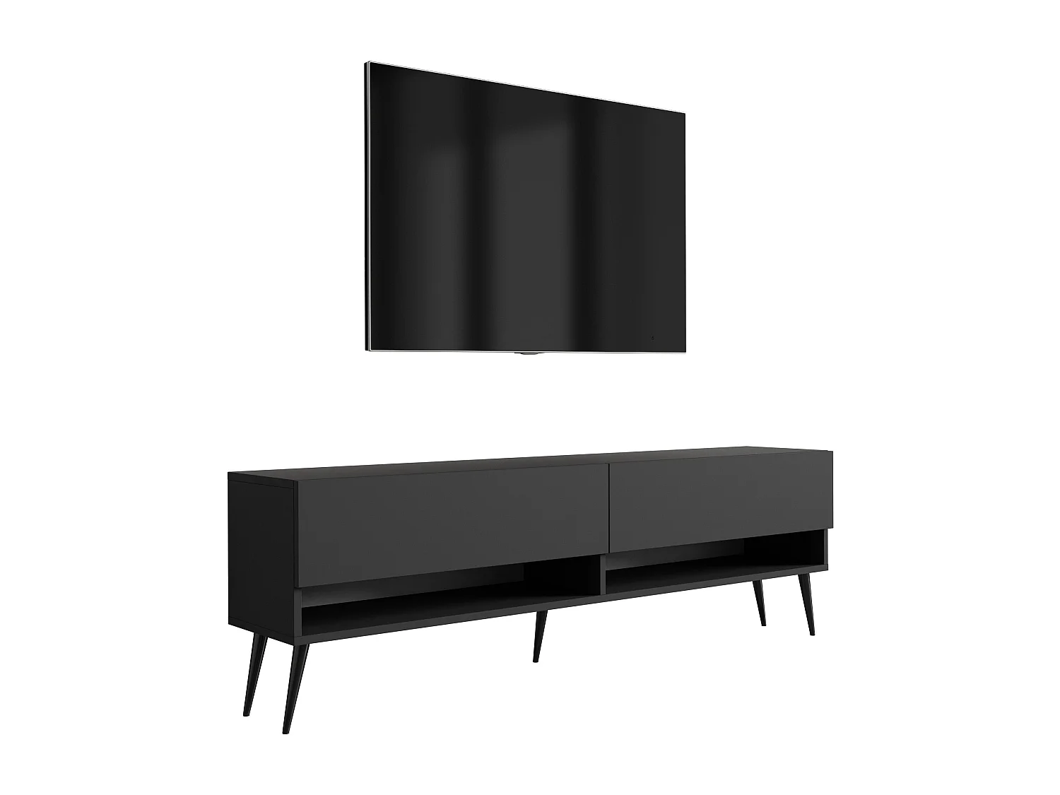 Meuble TV 170 cm Noir Mat, pieds obliques noirs, 170 x 32 x 52 cm