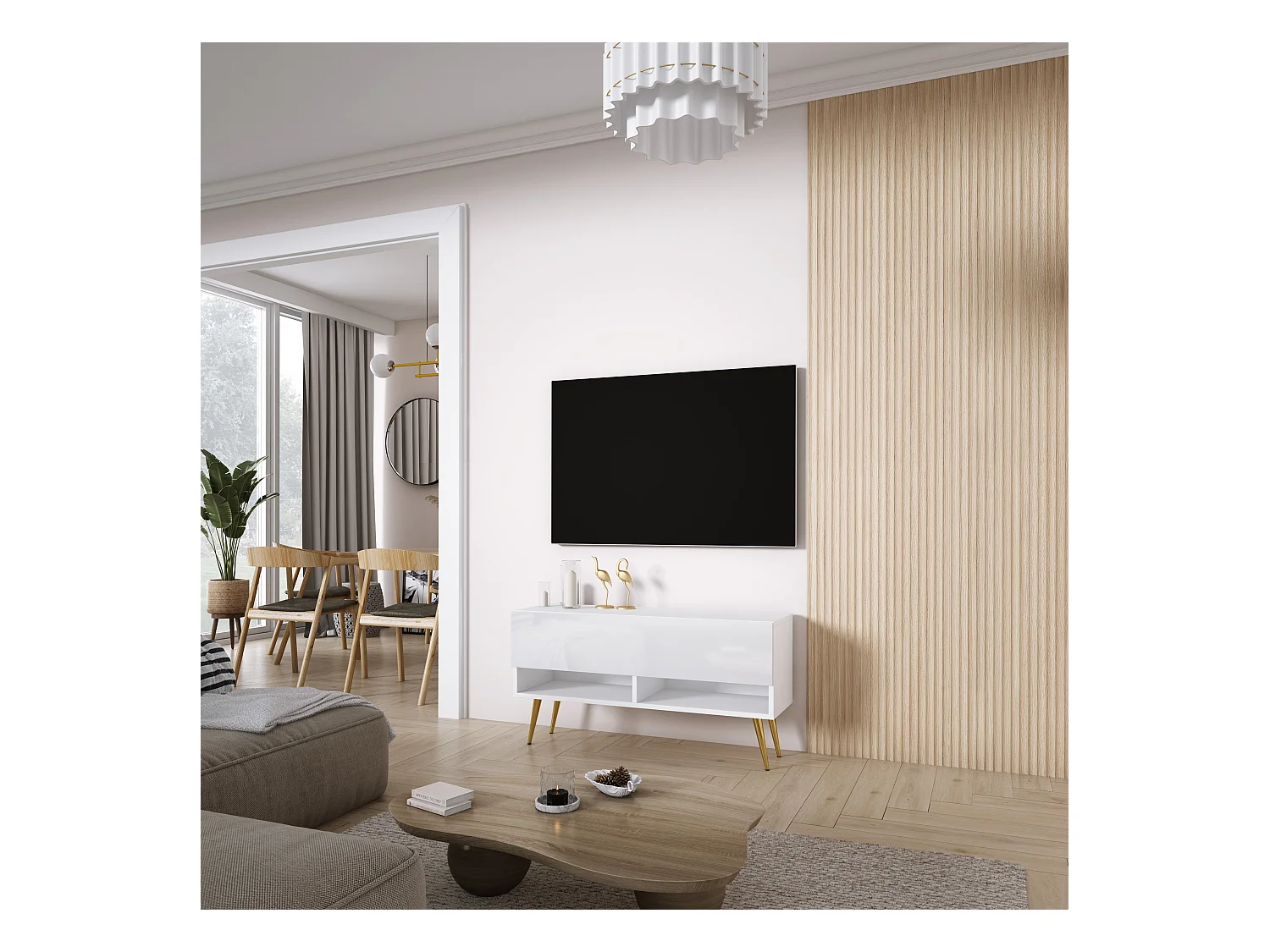 Meuble TV 100 cm Blanc Mat / Blanc Brillant, pieds obliques dorés, 100 x 32 x 52 cm