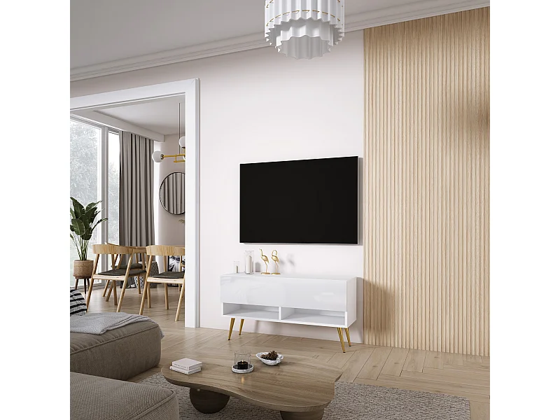 Mueble TV 100 cm Blanco Mate / Blanco Brillo, patas doradas, 100 × 32 × 52 cm