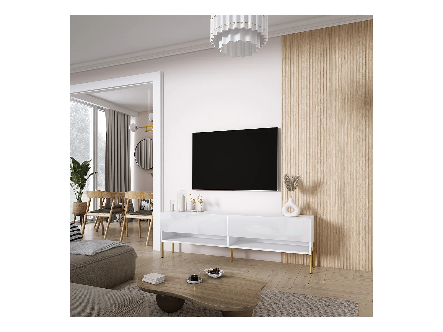 TV-Lowboard 170 cm Mattweiß / Hochglanzweiß, gerade goldene Beine, 170 × 32 × 52 cm