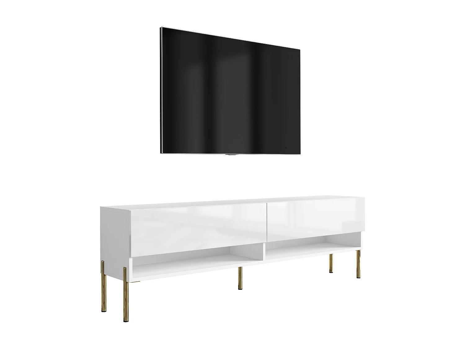 Meuble TV 170 cm Blanc Mat / Blanc Brillant, pieds droits dorés, 170 x 32 x 52 cm