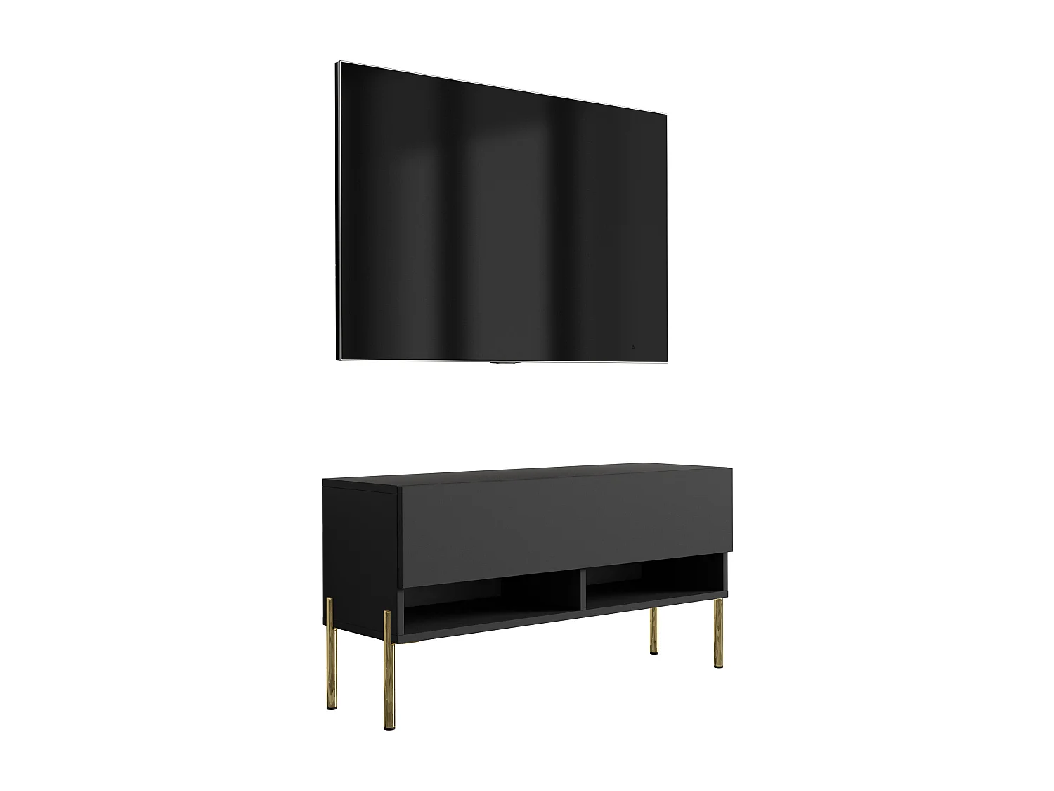 Meuble TV 100 cm Noir Mat, pieds droits dorés, 100 x 32 x 52 cm