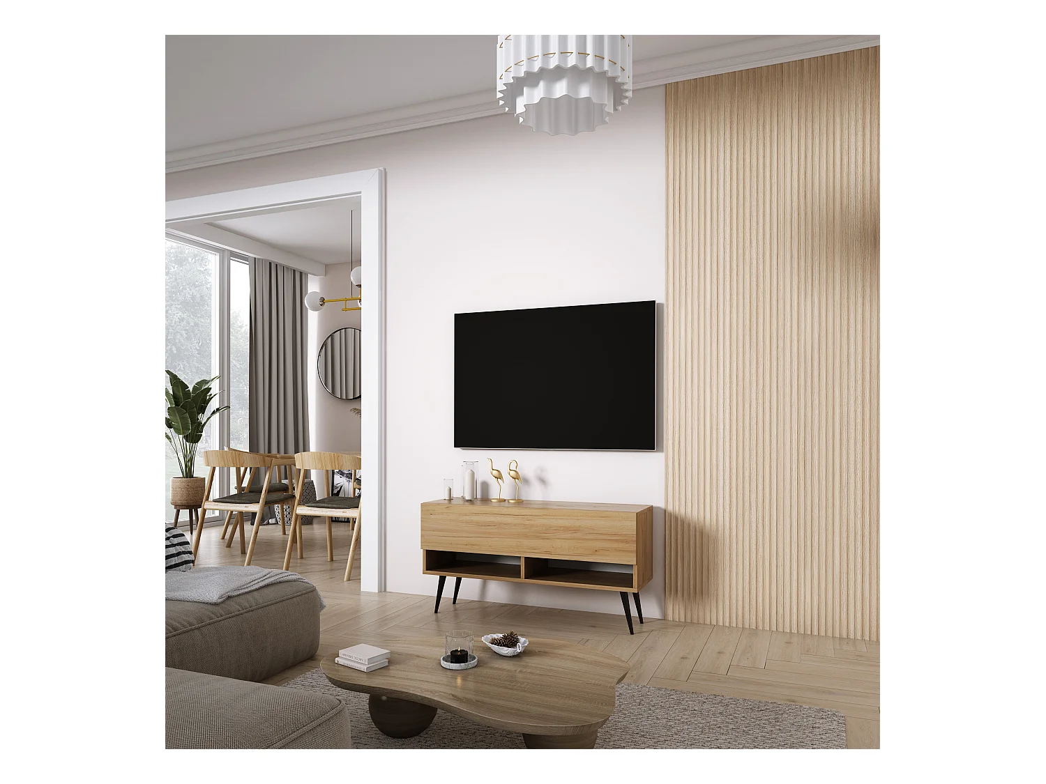 TV-Lowboard 100 cm Eiche Craft, schwarze schräge Beine, 100 × 32 × 52 cm